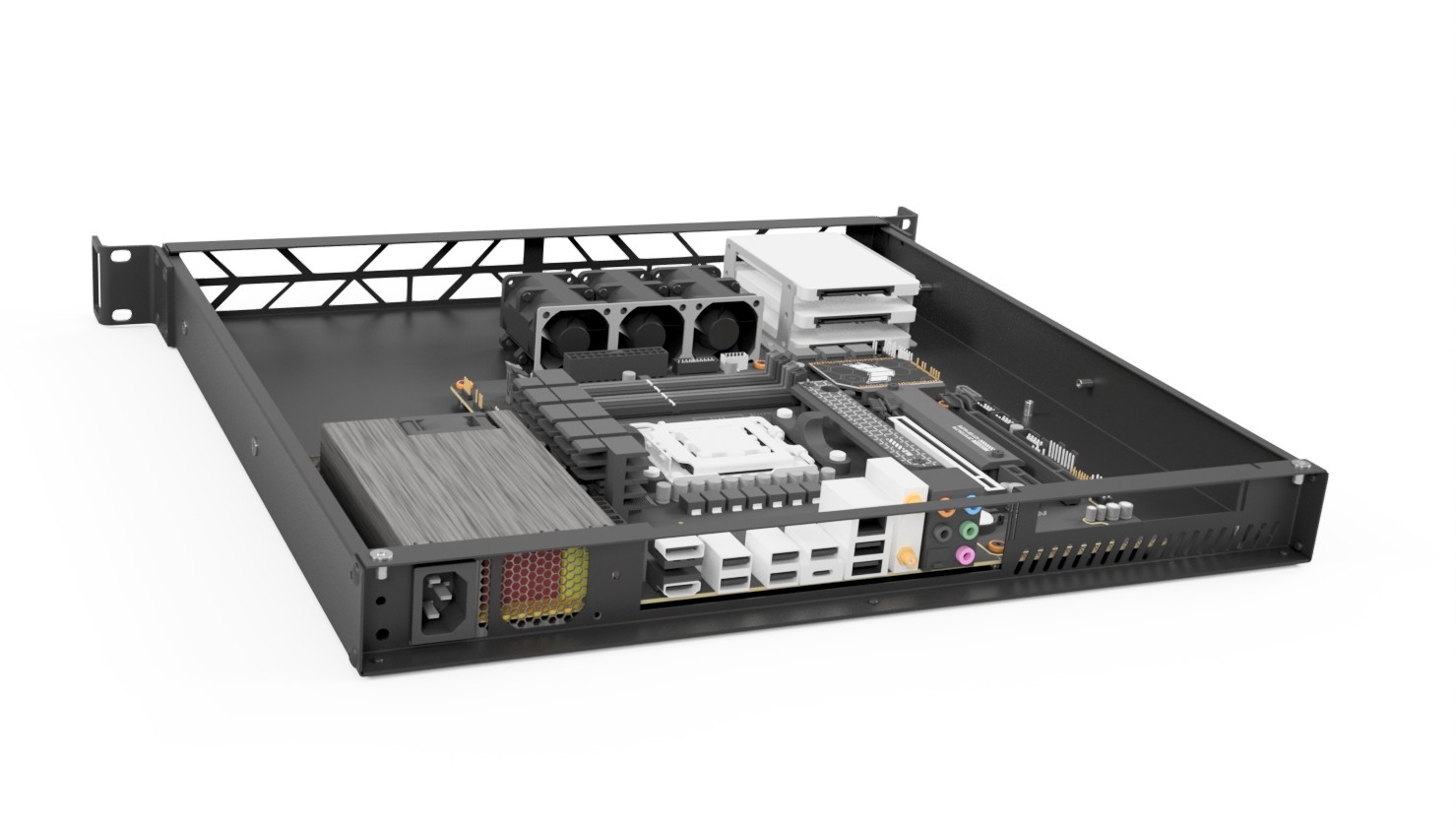 ELG-1U-ATX montado com placa-mãe e componentes