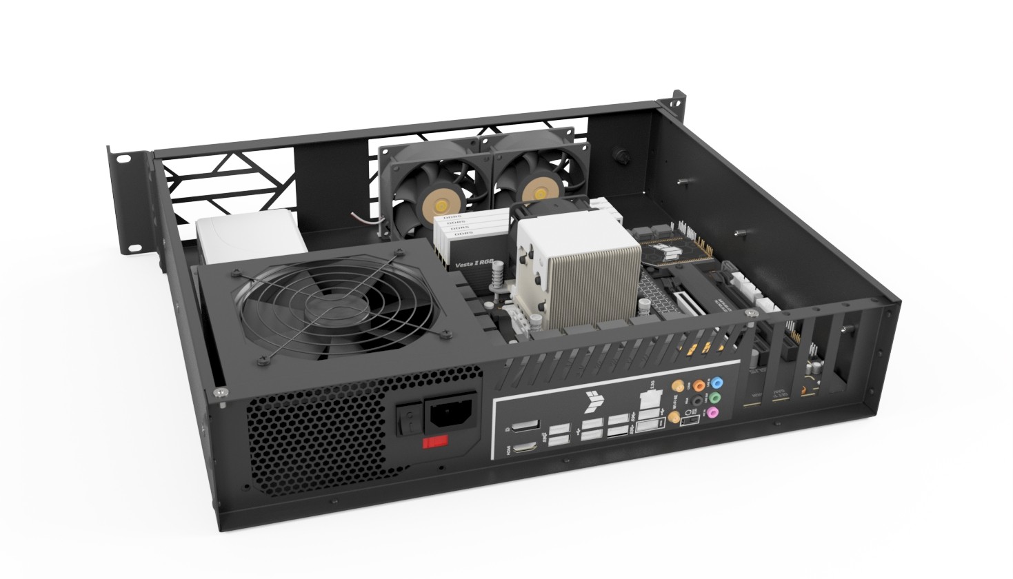 ELG-2U-mATX montado com placa-mãe e componentes